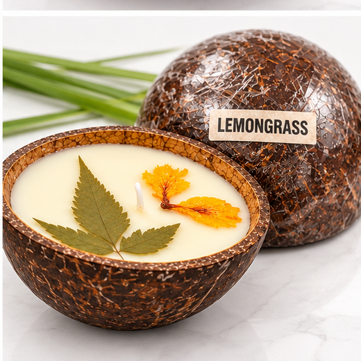 Scented Candles With Flowers & Leaf Decoration In Nariyal (Mix Size) - 1 Piece 🥥🕯️ - Image 4