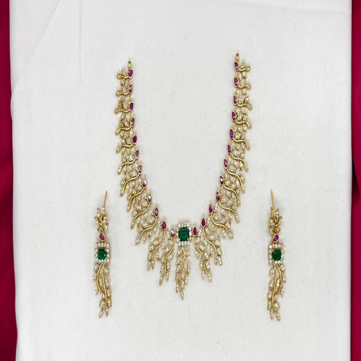 Matte finishing Leaf Feathery Multi Color CZ Stones Short Necklace - Image 2