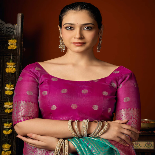 Teal Blue Silk Woven Banarasi Saree - Image 2