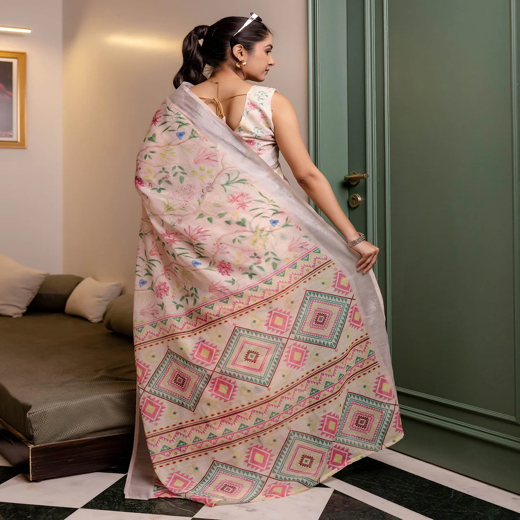 Ready To Wear Cream Linen Woven Border Printed Saree - Image 4