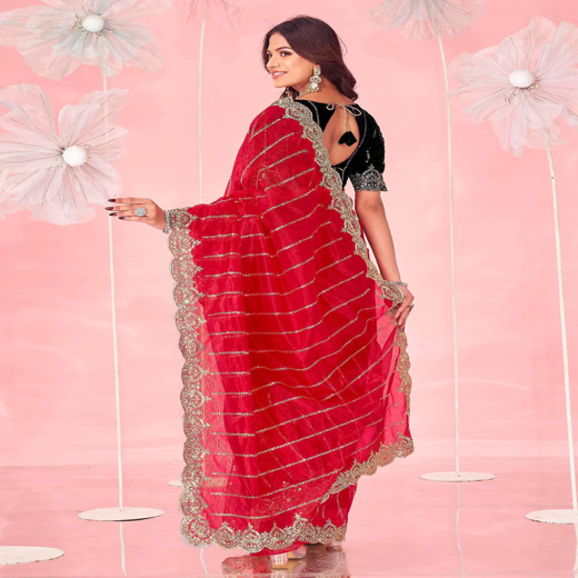 Red Valentine's Sequence Embroidery Saree - Image 4