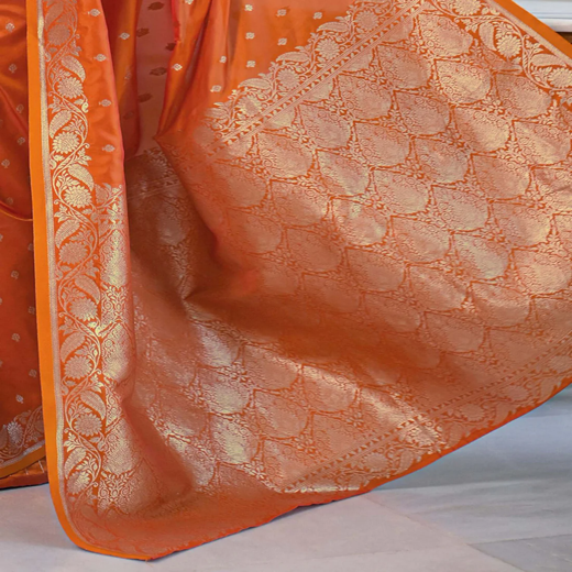 Orange Silk Woven Banarasi Saree - Image 3