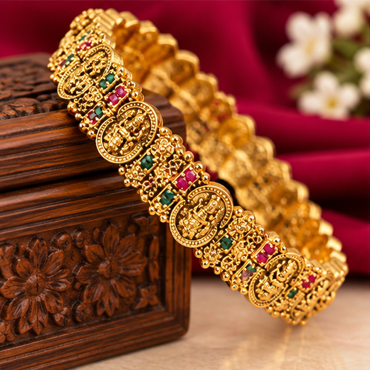 Matte Finish Ruby & Coin Lakshmi Premium Bangle - Set of 2 - Image 3