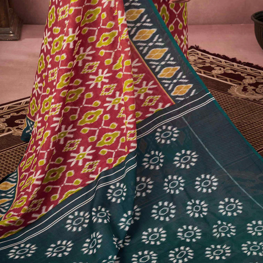 Ready To Wear Red Cotton Ikkat Printed Saree - Image 3