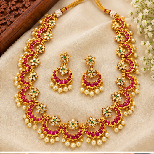 Gold Plated Long Classic Chandbali Necklace Set - Image 2