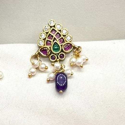 kempu lotus design AD stones Purple Bead drop Earrings - Image 3