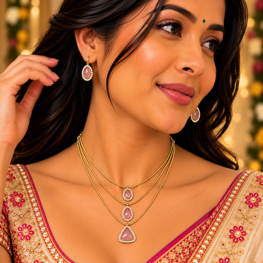 Premium Three layered AD Stones With Baby-Pink stone Necklace - Image 4