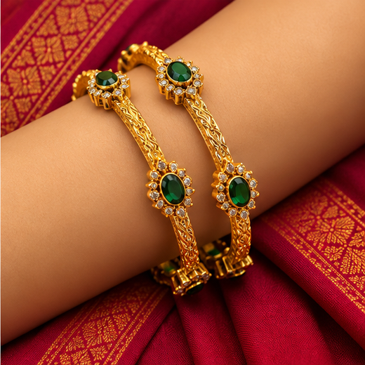Victorian Finishing Green Stone Flower Designed Bangle - Image 4