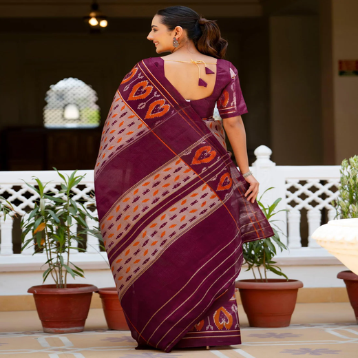 Purple Khadi Ikkat Printed Saree - Image 4