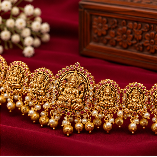 Matte Finishing Lord Lakshmi Designed With Golden Balls And Peacock Finish Chain Vaddanam - Image 2