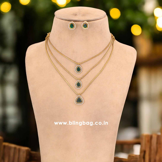 Premium Three layered AD Stones With Green stone Necklace - Image 4