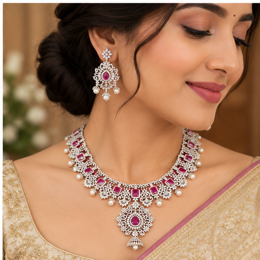Ad Stones Silver Detachable With Pink stones Long Haram - Image 4