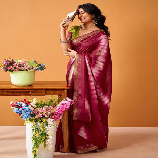 Maroon Silk Woven Printed Saree - Image 4