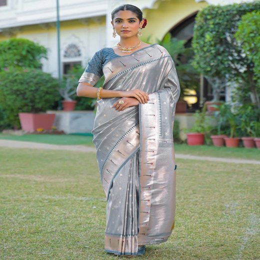 Dusty Blue Silk Woven Paithani Saree
