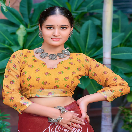 Dull Red Cotton Linen Printed Saree - Image 2