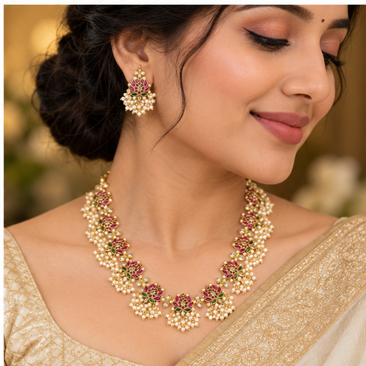 Beautifully designed with Lotus flowers and Guttapusalu clustered pearls Long Haram Necklace - Image 4
