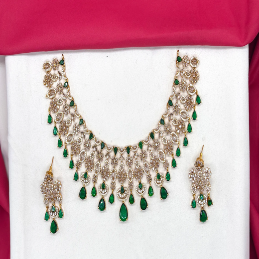 Premium matte finish American Diamonds flower design with Green Stones Short Necklace - Image 2