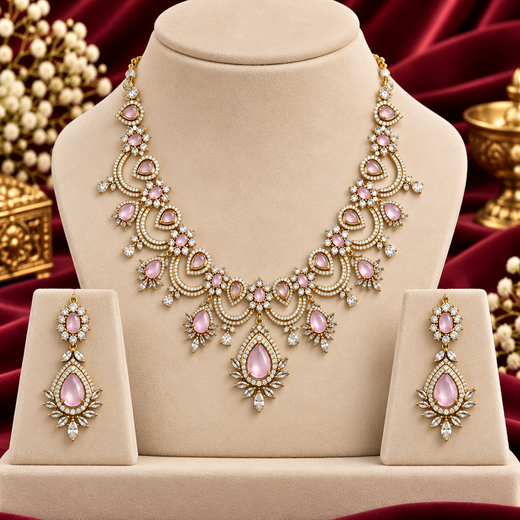 Victorian finishing floral design with sea baby pink stones Necklace - Image 3
