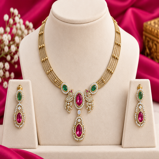 Victorian finishing peacock design with Red stones Short Necklace - Image 3