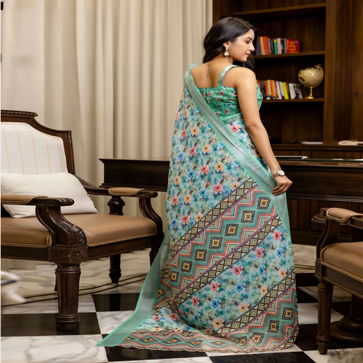 Ready To Wear Teal Green Linen Woven Border Printed Saree - Image 4