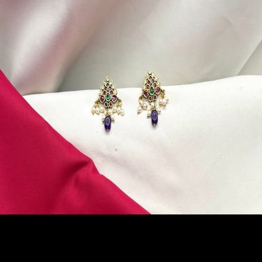 kempu lotus design AD stones Purple Bead drop Earrings