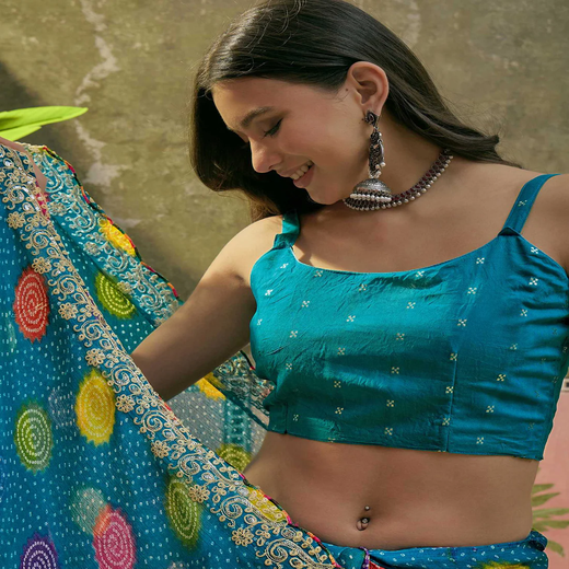 Turquoise Blue Chiffon Bandhani Printed Embroidery Saree - Image 2