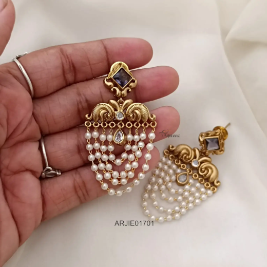 Matte Finish Pearl Drop Earrings with Purple Stone | Artificial Jewellery - Image 3