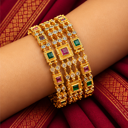 Matte Finish Multi Stones With Six Bangles Set - Image 4
