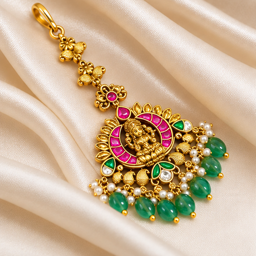 Jadau Kundan Finishing Lord Lakshmi Design Green Beads Maang Tikka - Image 3