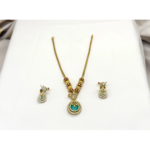 Matte finishing with Mint-Green stone flower designed Short Necklace