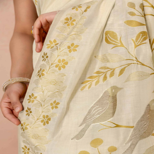 Beige Chanderi Cotton Woven Saree - Image 3