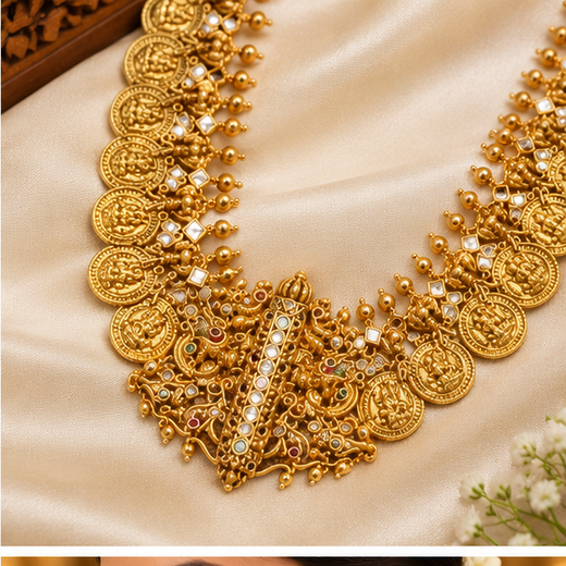 Matte finishing temple set features a long Lakshmi coin design haram necklace - Image 2