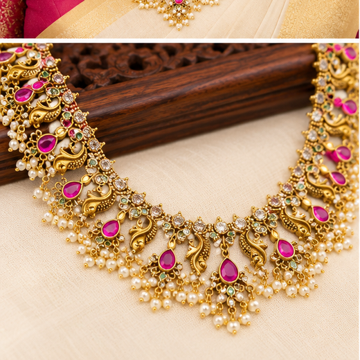 Matte finishing flower design with small white Pearls Long Haram Necklace - Image 3