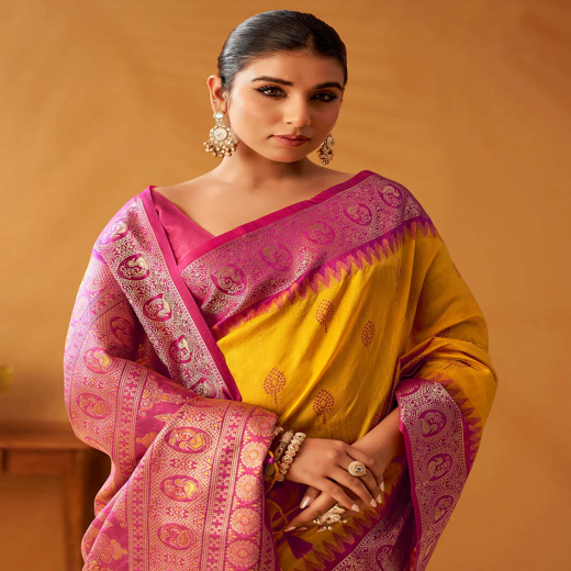 Yellow Silk Woven Kanjivaram Saree - Image 2