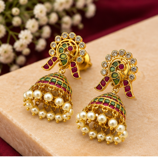Kempu Jhumka Earrings Featuring Peacock Motifs,Dangling Pearl Beads Earrings - Image 2