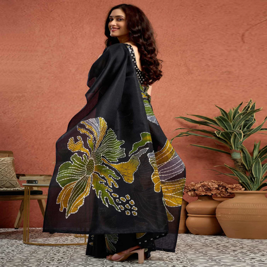 Black Vichitra Silk Printed Saree - Image 4