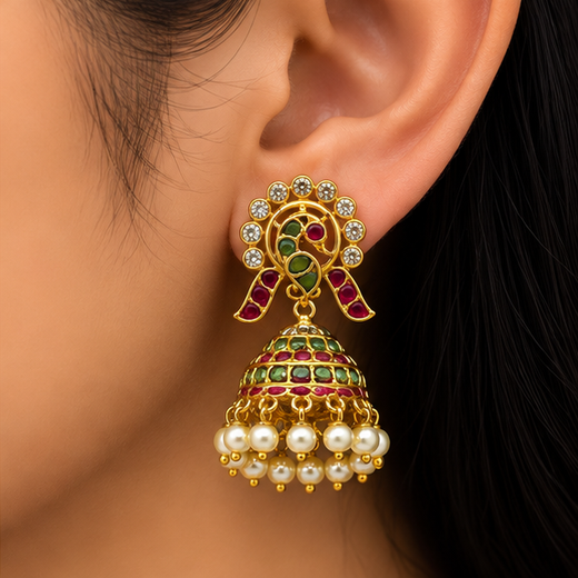 Kempu Jhumka Earrings Featuring Peacock Motifs,Dangling Pearl Beads Earrings - Image 4