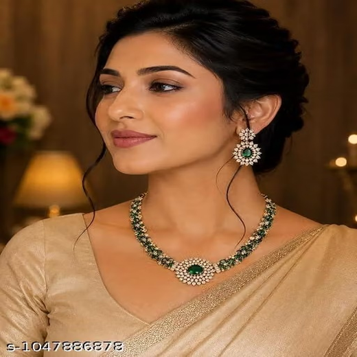 Elegant American Diamond emerald Green stones short Necklace - Image 4