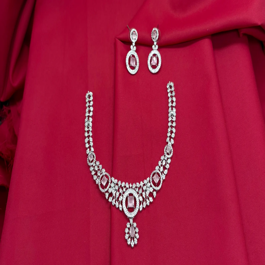 Silver Polish White & Baby-Pink AD Studded Short Necklace