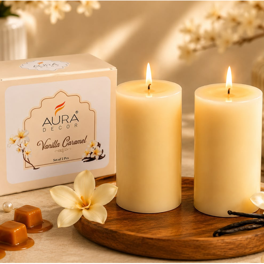 2 Piece Pillar Vanilla Caramel Fragrance Scented Candle (Pack of 2 Pillar)🕯️