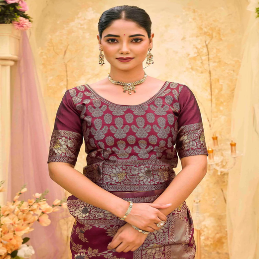 Maroon Silk Woven Banarasi Saree - Image 2