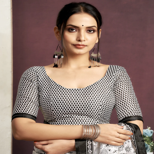 White Cotton Blend Printed Saree - Image 2