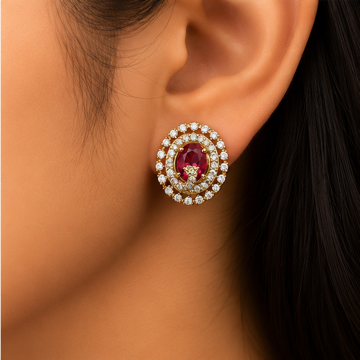 Victorian Finish American Diamonds With Red stone Stud Earring - Image 4