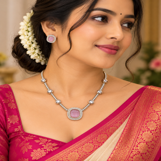 Victorian finishing with American Diamond with Baby-Pink Stone Short Necklace - Image 4