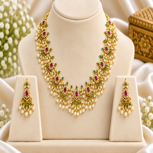 Matte finishing multi colours stones with pearls short Necklace - Image 3