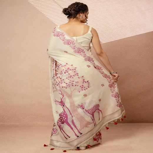 Beige Chanderi Cotton Woven Saree - Image 4
