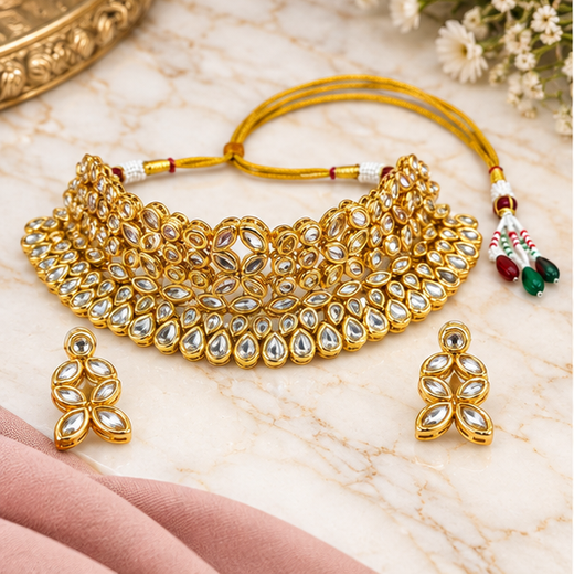 Gold-toned With flowered Kundan Stone heavy Choker - Image 3