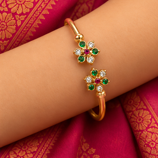 Adjustable Panchaloha Kada Floral Design With White And Green Stones - Image 4