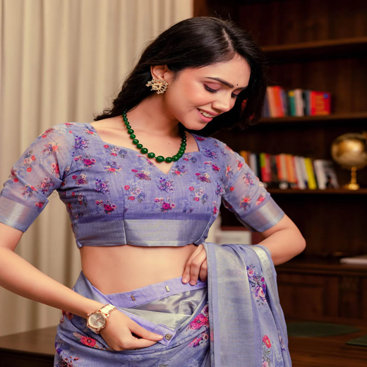 Ready To Wear Lavender Linen Woven Border Floral Printed Saree - Image 2