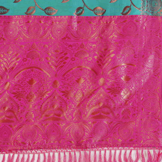 Teal Green Silk Woven Banarasi Saree - Image 3
